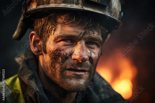 Dirty and Exhausted Firefighter After Firefighting Action