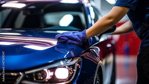 A man cleans a car with a cloth.