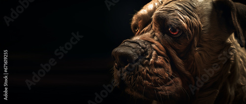 Mastiff dog portrait on black background, close-up. Selective focus
