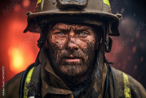 Dirty and Exhausted Firefighter After Firefighting Action