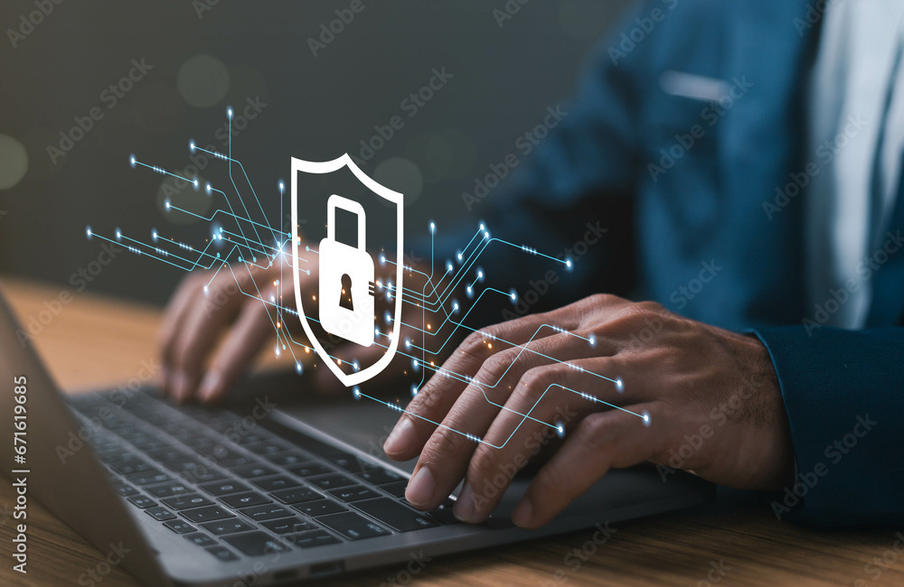 Secure cyber password protect, person use laptop login online web privacy icon computer firewall, cyber safe from virus, Lock icon and internet network security technology. Personal information.