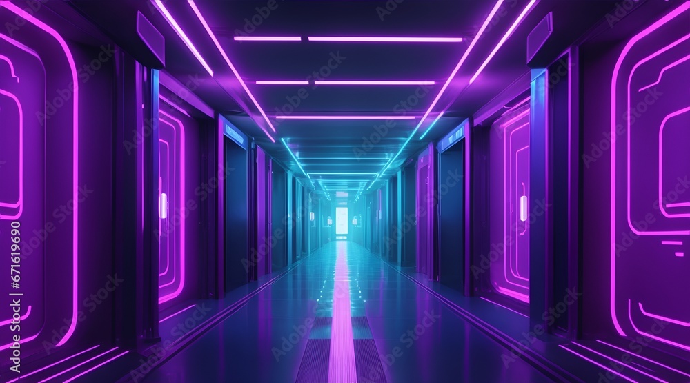 Abstract background of futuristic corridor with purple and blue neon lights