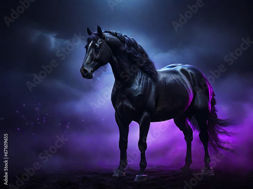 A black wild horse. night landscape. AI © IM_VISUAL_ARTIST