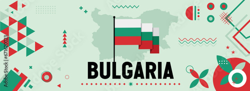 Bulgaria national or independence day banner design for country celebration. Flag and map of Bulgaria with modern retro design and abstract geometric icons. Vector illustration	
