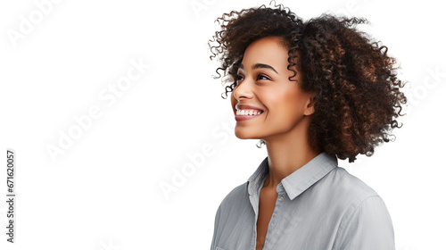 friendly, smiling black woman looking at text area, png transparent © Thumbs