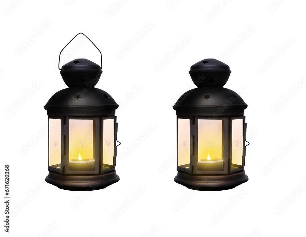 A traditional festive Christmas lantern made from black wrought iron metal glowing from a lit Christmas candle isolated against a transparent background.