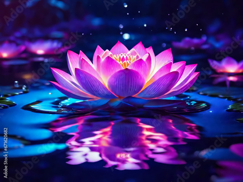 Fantastic neon lotus on the water. AI