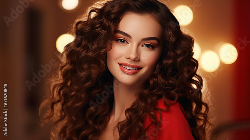 Beautiful smiling woman with long wavy hair . Girl curly hairstyle and red manicure nails . Beauty ,makeup and cosmetics.
