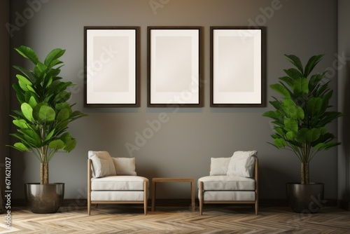 Living room interior poster mockup with two vertical empty black frames  gray velvet sofa  plants in pot and basket and lamps on empty green wall  background.