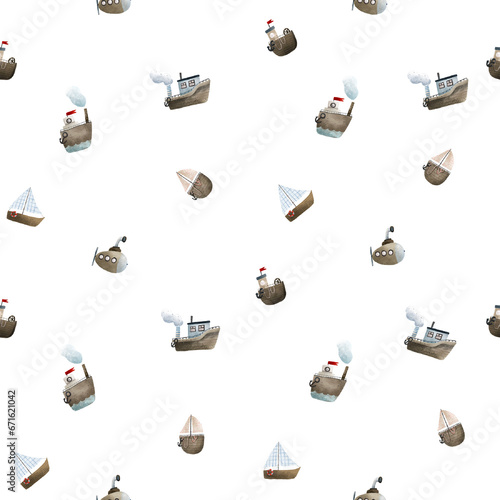 seamless pattern with different boats, ships, submarine, sail. Hand painted childish nautical background. Oceanis and sea pattern photo