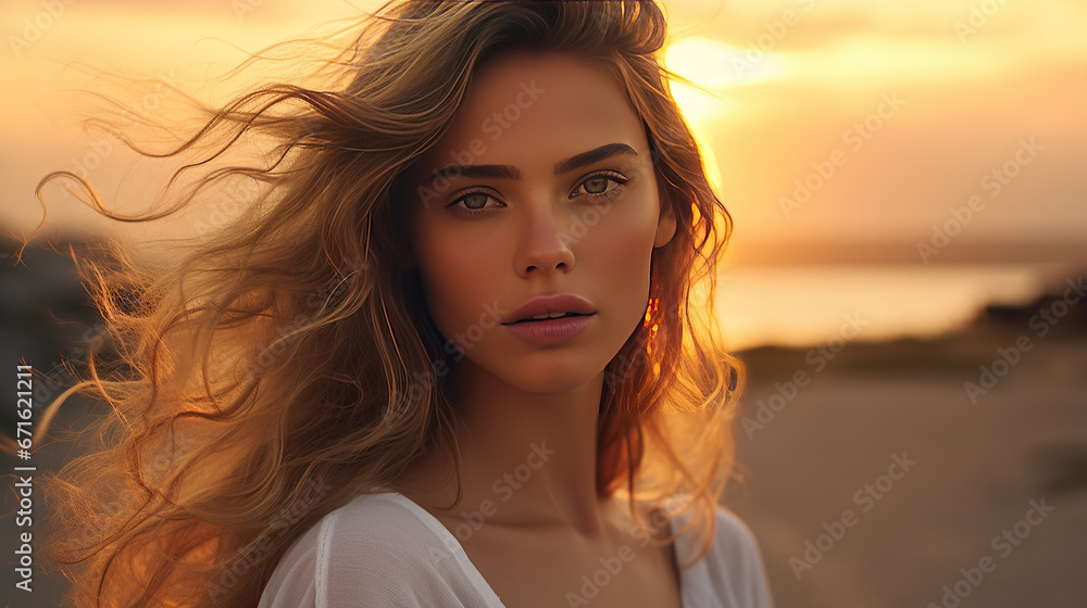 Fototapeta premium Beautiful young stylish woman at sunset at the beach.