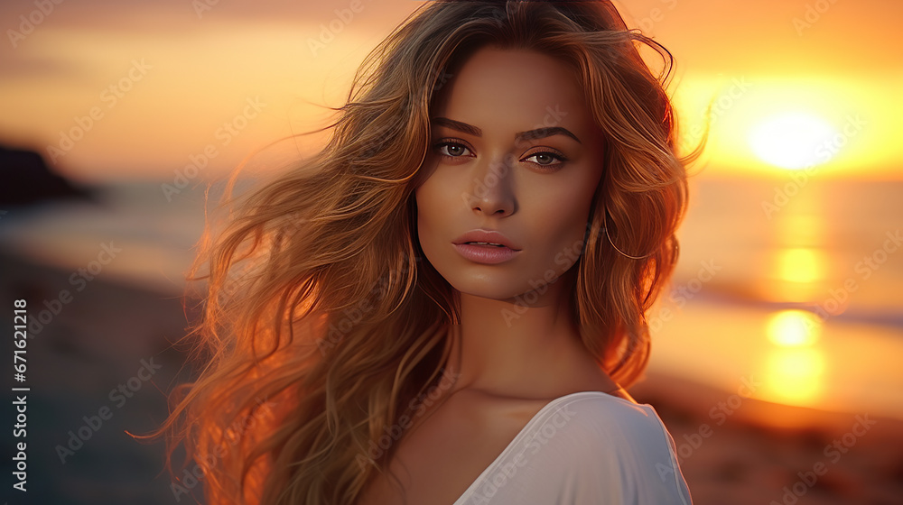Beautiful young stylish woman at sunset at the beach. Beautiful young stylish woman at sunset at the beach.