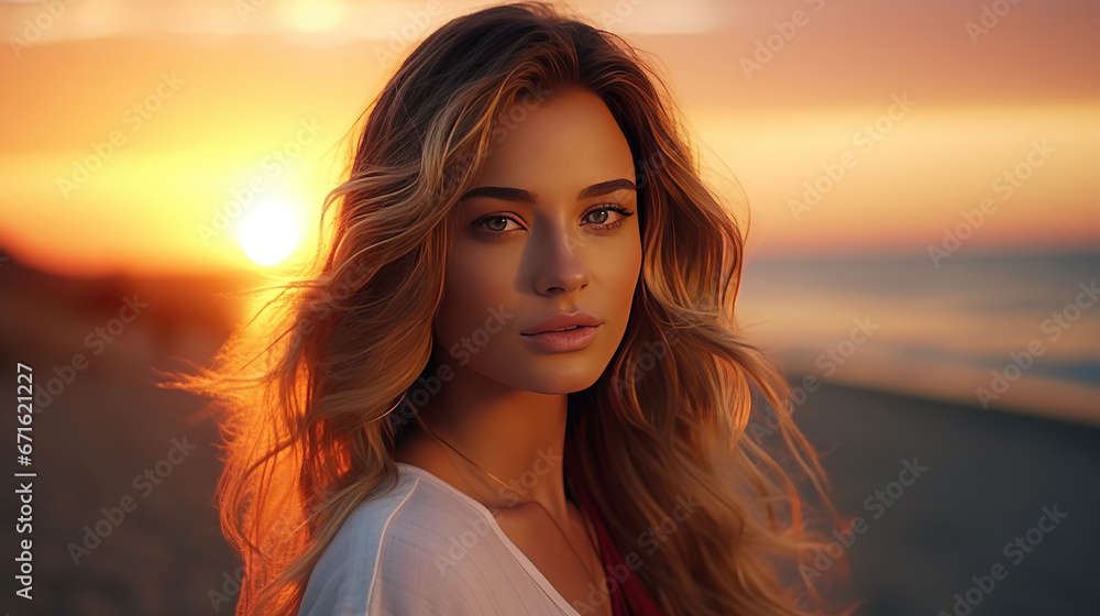 Beautiful young stylish woman at sunset at the beach.