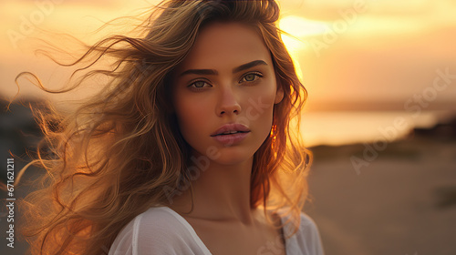 Beautiful young stylish woman at sunset at the beach. © Santy Hong