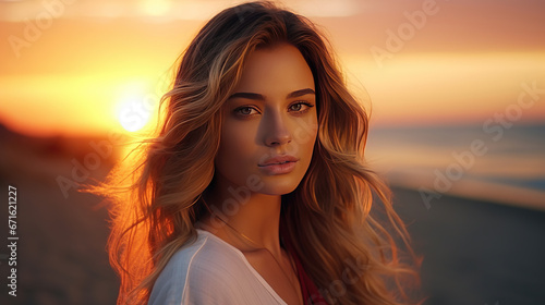 Beautiful young stylish woman at sunset at the beach.