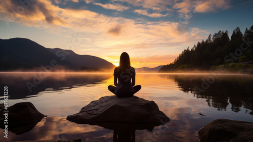 Scene of women sitting on rock with view of lake during sunset with beatiful sky, image that evokes the essence of mental and emotional well-being through a real-life scene