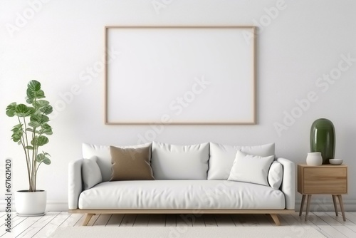 Minimalist living room with artwork and mockup frame on white wall. Generative AI