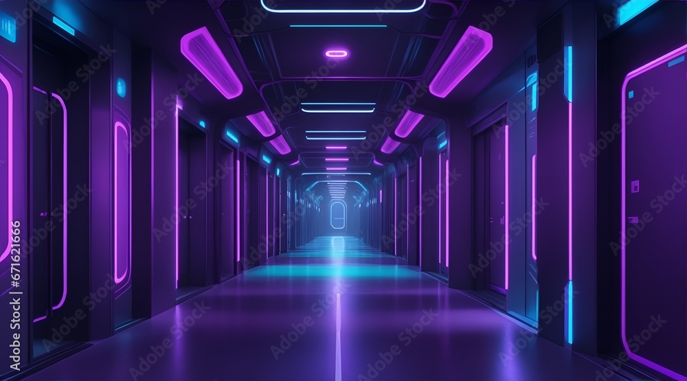 Abstract background of futuristic corridor with purple and blue neon lights