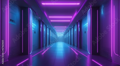 Abstract background of futuristic corridor with purple and blue neon lights