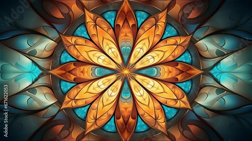 A colorful stained glass window with a orange and blue mandala abstract background
