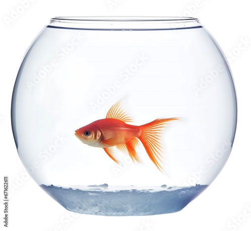 Single goldfish swimming in round fishbowl aquarium on transparent background.