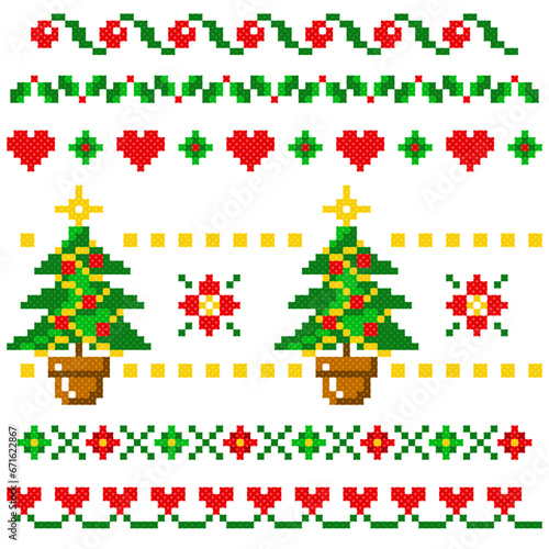 set of christmas elements seamless pixel pattern. cross stitch