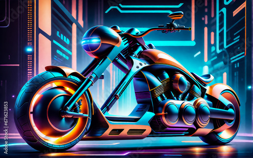 A modern chopper motorcycle. Background neon rays, light. AI 