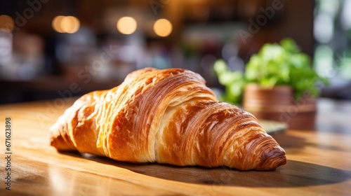 Golden Croissant on Wooden Table