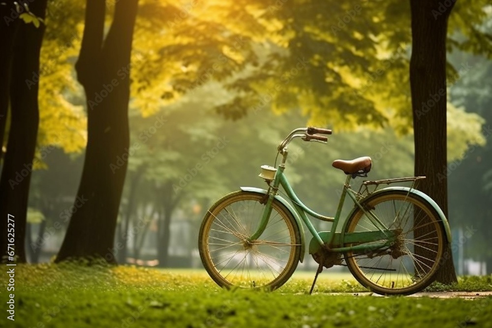 Peaceful bicycle resting amidst serene park backdrop. Generative AI