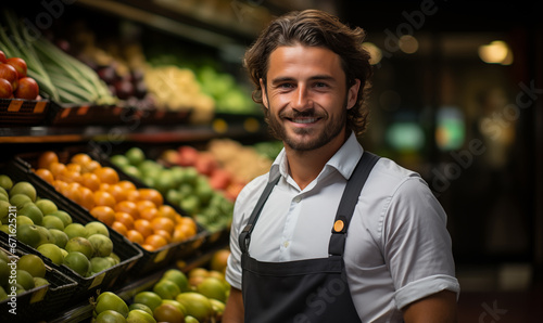 Portrait of handsome smiling man shop worker standing in supermarket. Young male food store assistant vegetable and fruit retailer. Grocery store manager.