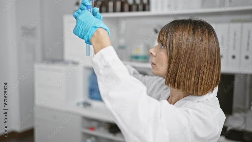 Captivating young hispanic woman scientist, admiring test tubes in the heart of her laboratory, engulfed in the art of science and research Captivating young hispanic woman scientist, admiring test tubes in the heart of her laboratory, engulfed in the art of science and research