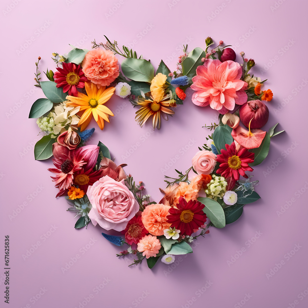 Frame of colorful flowers and roses shaped in the Valentine heart on the blue background. Love concept artwork Frame of colorful flowers and roses shaped in the Valentine heart on the blue background. Love concept artwork