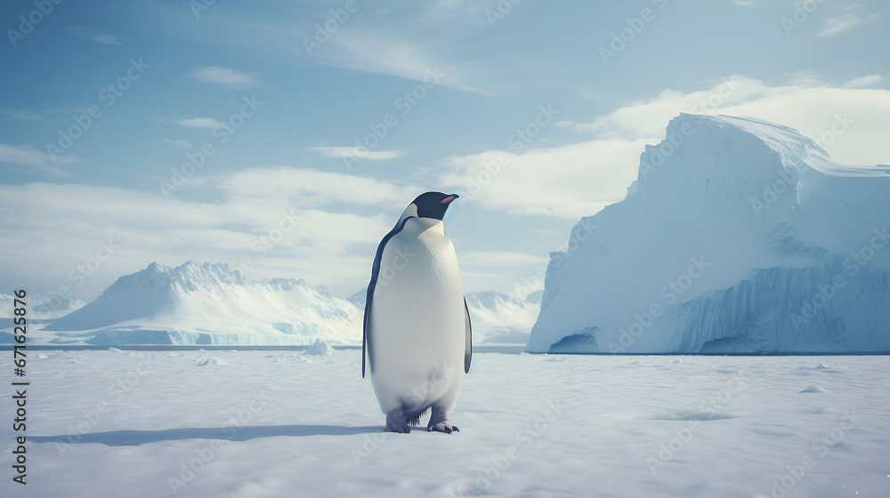 An emperor penguin standing alone in the coast of Antarctica