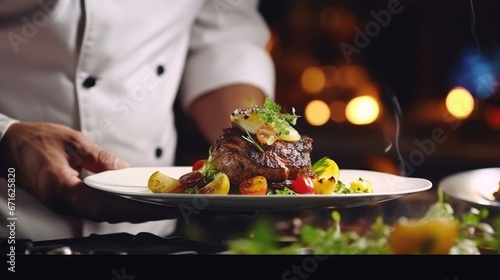 Waiter is holding a plate with food photo