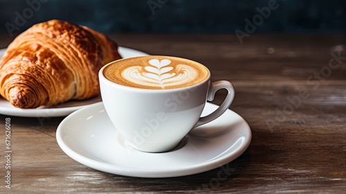 Cappuccino and Croissant on Dark Wood Table