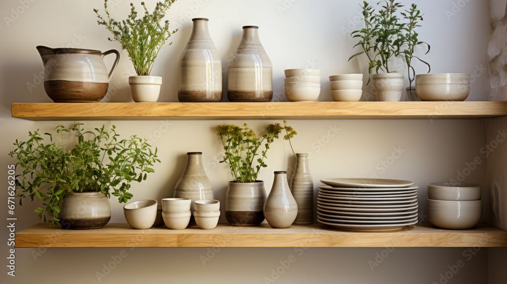 Clay dishes on an open shelf in the interior of an apartment, details of the design of a kitchen space with natural materials and natural lighting, the use of plants in the interior