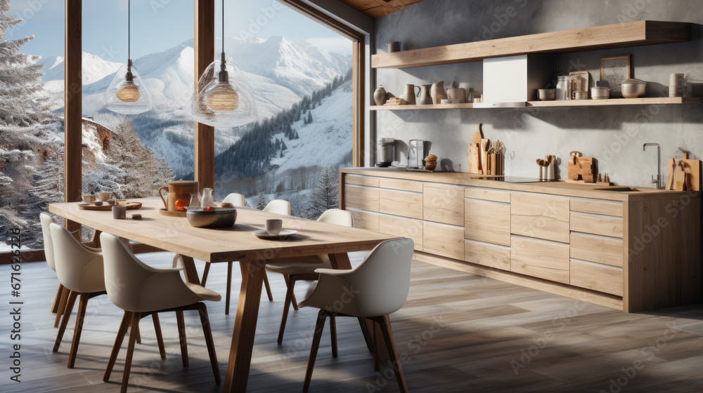 View of kitchen space and dining room in chalet in the mountains, Scandinavian style design with interior made from natural materials. Functional design with simple and clean lines and maximum space