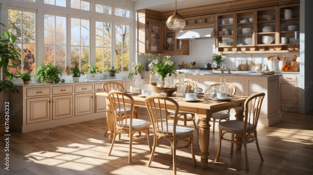 Project of a kitchen in a country house combined with a dining room, maximum free space with an interior made of natural materials. Functional design in Scandinavian style with simple and clean lines