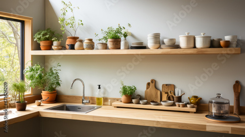 Kitchen workspace with open shelves with pottery and potted indoor plants. Interior with simple and clean lines and maximum space for comfort and coziness
