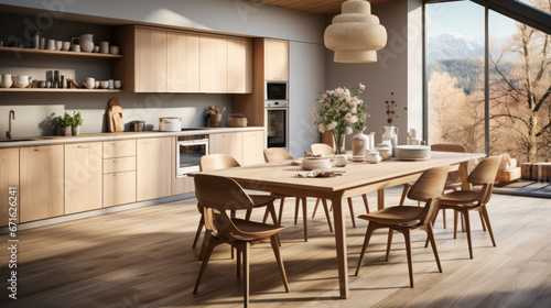 Image project of a country house  photograph of a Scandinavian-style kitchen  bright interior made of natural materials. Functional interior with clean open lines and airy space in interior of house