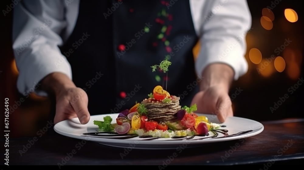 Waiter is holding a plate with food