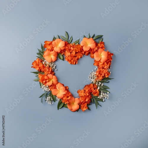 A heart made of garden roses on a blue pastel background. The roses are arranged in a tight frame, with their petals overlapping to form a smooth surface. Love concept art