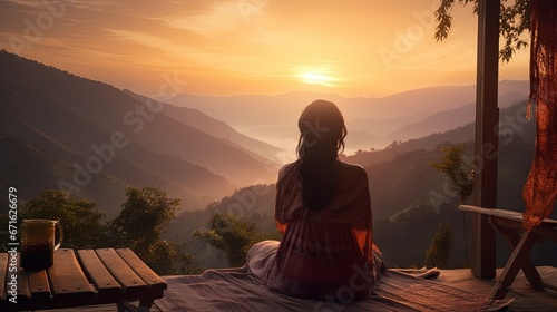 A woman sits on the terrace with a mountain view in the evening, AI generative