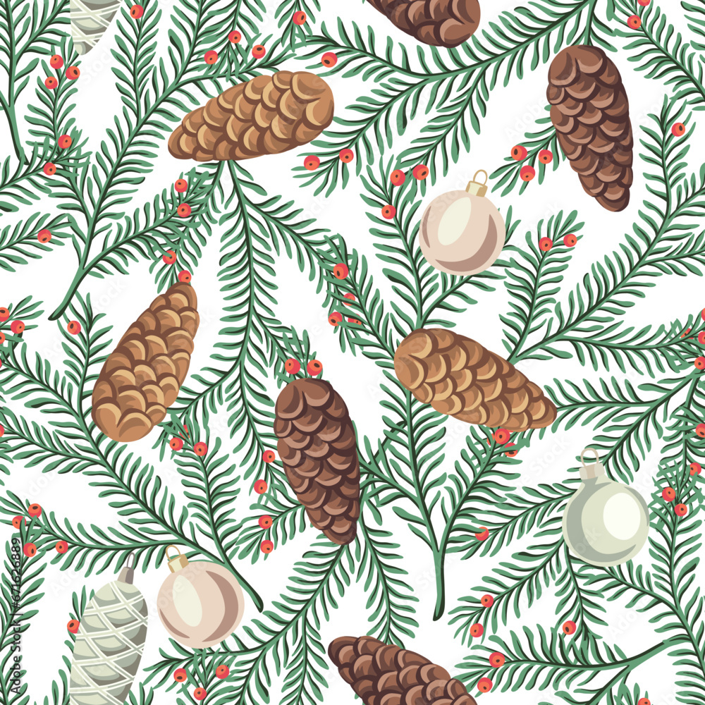 Fir branch, Christmas balls and cone seamless pattern. New Year celebration wallpaper. Fir branch, Christmas balls and cone seamless pattern. New Year celebration wallpaper.