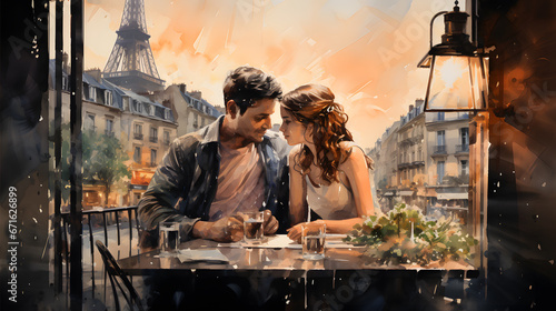 Romantic photo of couple in cafe in Paris. Valentines concept love story photo