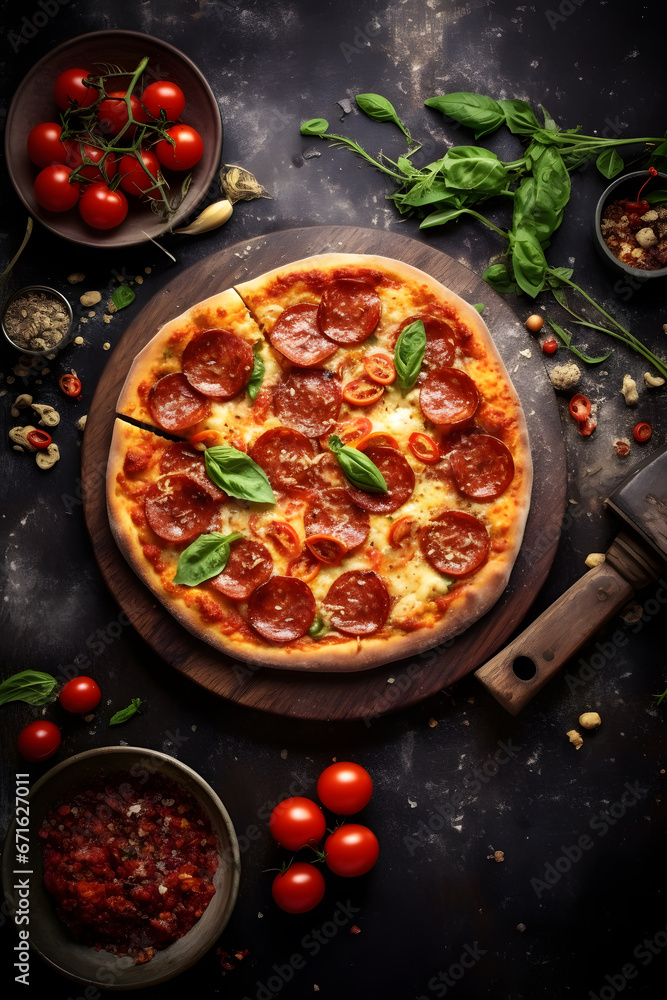 A delicious-looking pizza on a cutting board, with a knife next to it. The pizza is topped with pepperoni, cheese, and basil. The background is a dark concrete. Food concept photo
