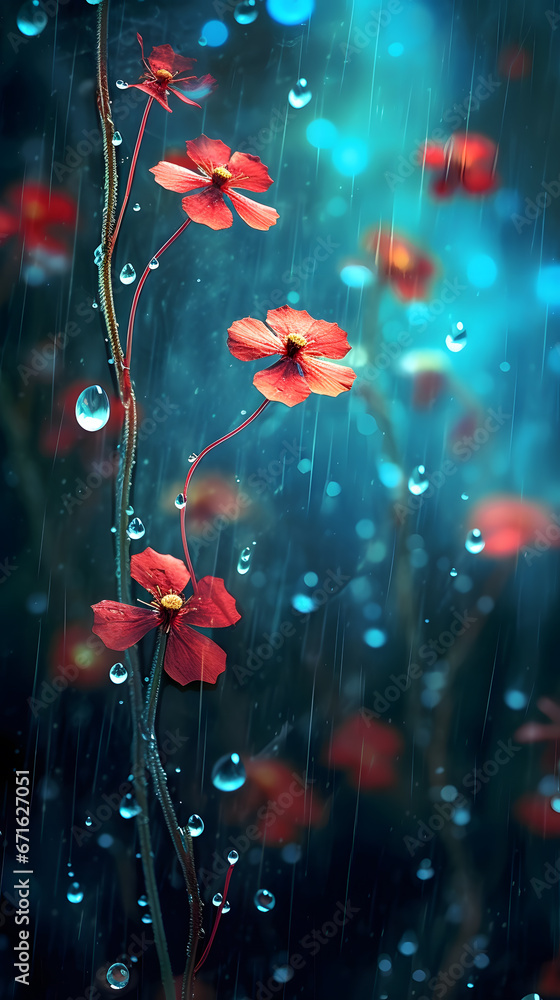 Fototapeta premium A group of red flowers are blooming underwater. The flowers are different shades of red, and they have a variety of shapes and sizes. The blue background makes the red flowers stand out. 