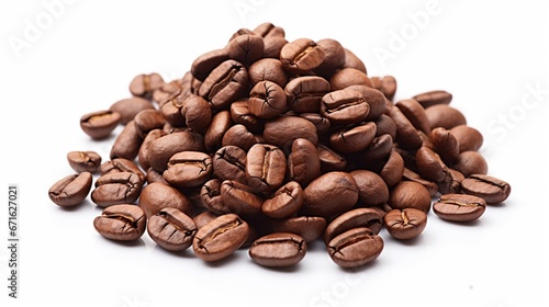 Close-up of roasted coffee beans  highlighting their rich brown hue and texture  set against a spotless white surface.