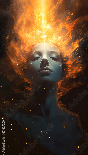 Cosmic woman's head covered with nebula and with light flowing in her face, in the style of cosmic landscapes, interstellar nebulae, optical illusion