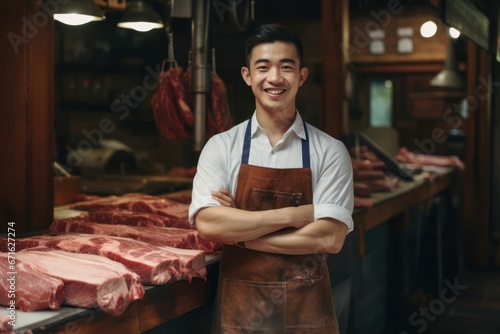 Asian Man Butcher Employee Lifestyle Concept Generative AI © Johnathan